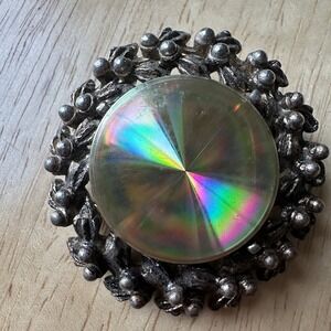 Jewelarama Wreath Brooch 1.75 Inch Holographic Pewter Silver Tone Hollywood Glam